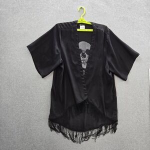 Hot Topic Women Blouse M Black Skull Graphic Kimono Fringe Open Front